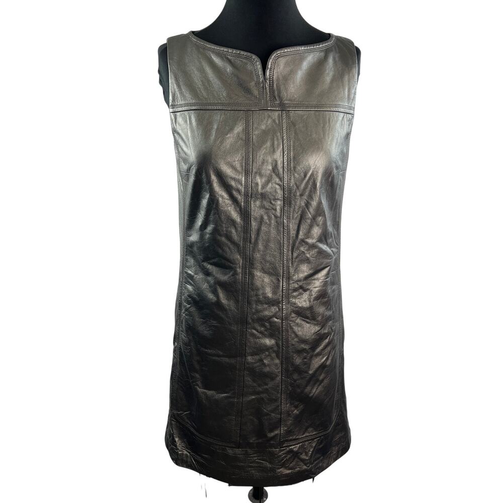 Elie Tahari Asphalt Black Mini Shift Dress Leather Split Neck Back Zip Size 6